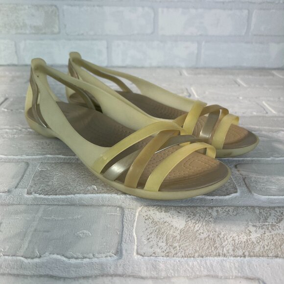 Crocs Flats Sandals Women 10 Jelly Creamy Yellow Slip On Strappy Open Toe Cutout - Picture 1 of 12
